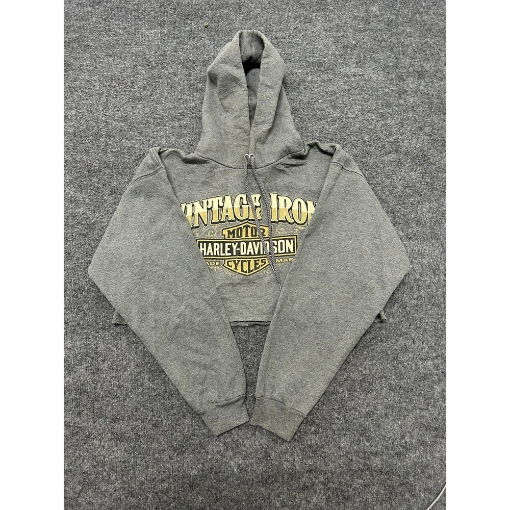 Harley-Davidson Hoodie Womens Size L Gray Vintage Iron Graphic Cropped Raw Hem